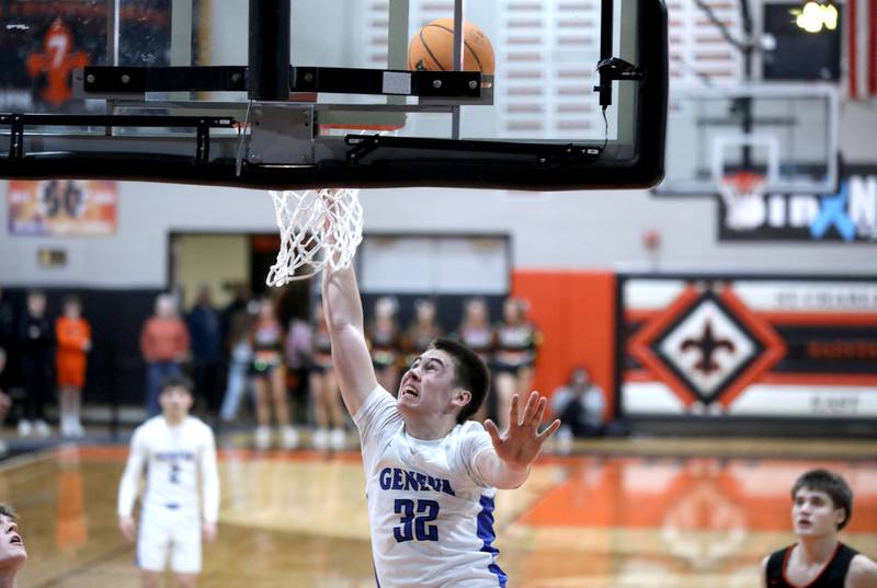 Geneva’s Benjamin Peterson attempts a shot during a Class 4A St. Charles East Sectional semifinal against Wheaton Warrenville South on Wednesday, March 5, 2025 in St. Charles.