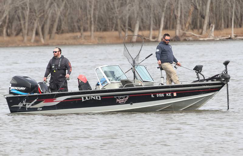 Joe Perez of Spring Valley and Michael Perez of Belleville Wis., fish on the Illinois River during the Masters Walleye Circuit on Friday, March 21, 2025 in Spring Valley.