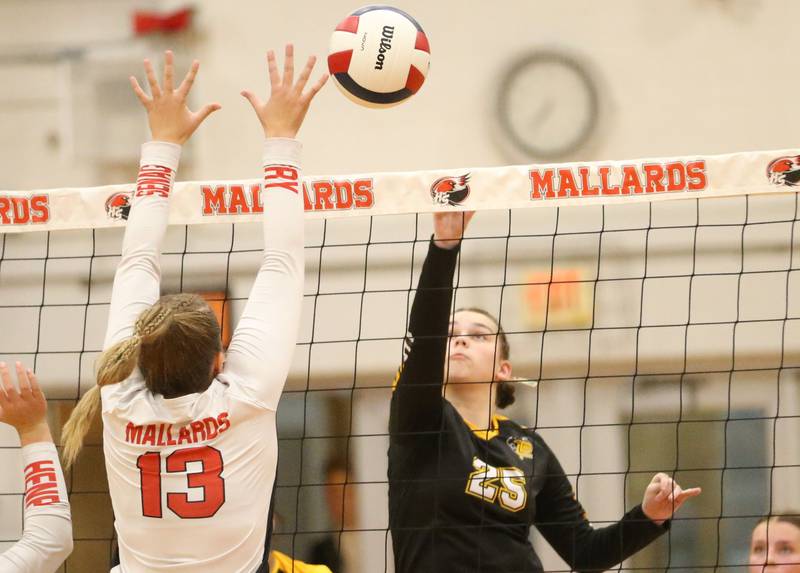 Henry Senachwine's Alison Mitchell hits the ball against Putnam County on Thursday, Aug. 28, 2025 at Henry-Senachwine High School.