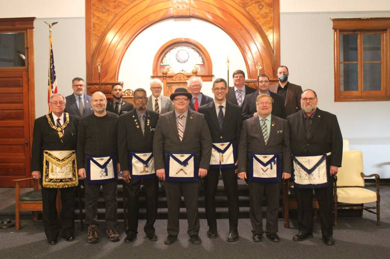 The 2022 officers of St. John’s Masonic Lodge No. 13 of Peru were installed on Jan. 29. They are (front row, left to right) Dan Yandel, of Wyanet, installing officer; Bill Gillespie, of Morris, treasurer; Benny Nooks, of Princeton, senior warden; Luke Matson, of Ottawa, worshipful master; Steve Brown, of  Ladd, junior warden; Rusty Pratt, of Ottawa, secretary; and, Jim Woodward, of Streator, installing marshal;
(Back row, left to right) Rob Struthers, of Granville, installing chaplain; Keenan Robinson, of Princeton, junior deacon; Gary Olson, of Peru, tyler; Larry Lawson, of Princeton, chaplain; John Tregoning, of Peru, senior steward; Eric Lynch, of Peru, senior deacon; and, Ethan Cheek, of Cedar Point, installing secretary. Not pictured are Ian Kidd, of La Salle, junior steward; and, Phil Sterba, Jr. of Peru, marshal.