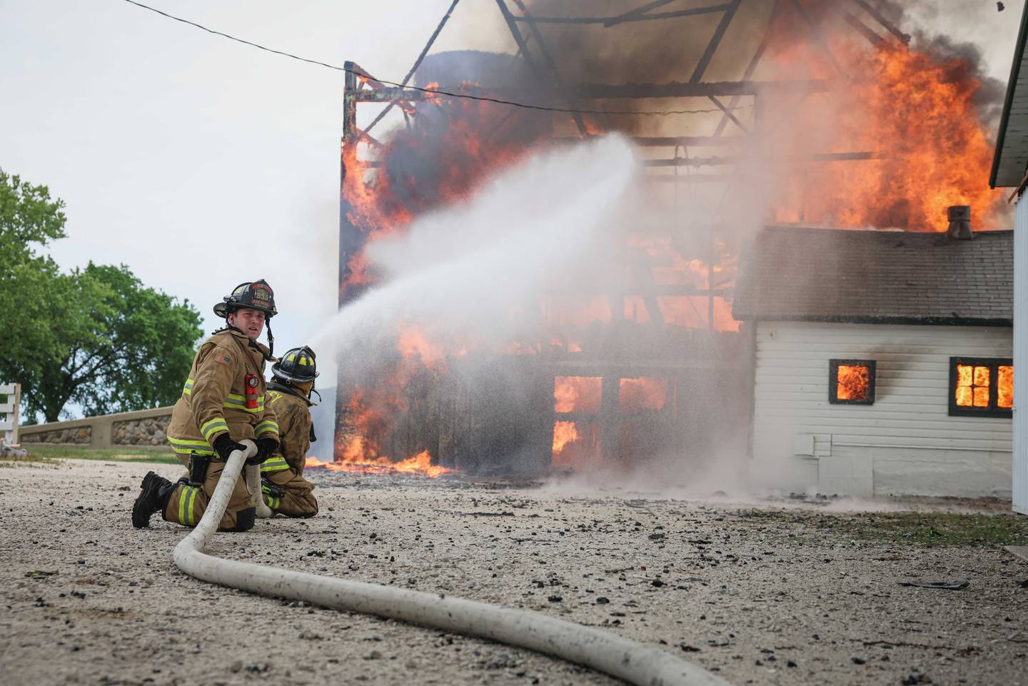 A barn was consumed by fire near Huntley Friday, May 22, 2026.
