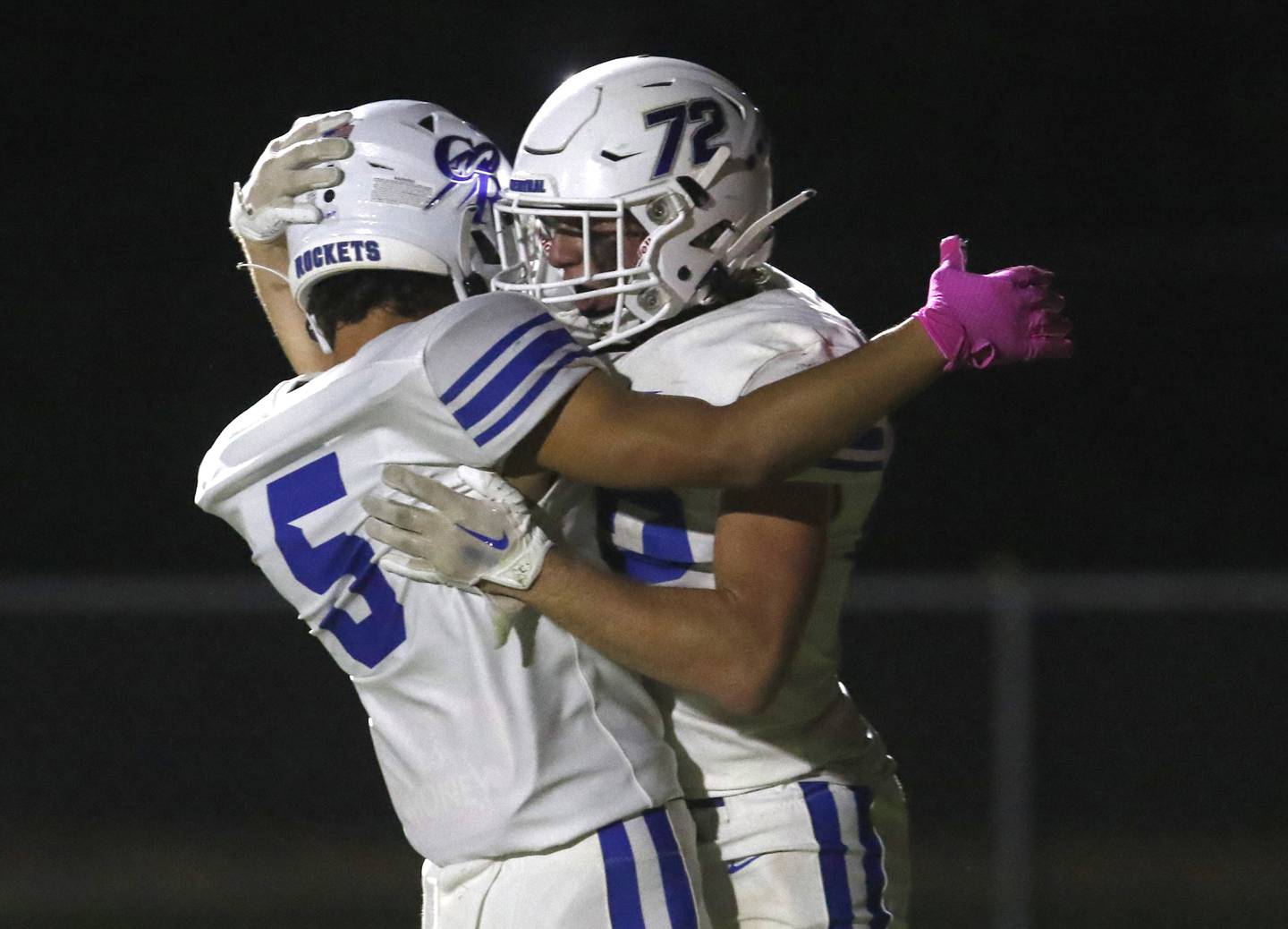 Burlington Central's Lucas Kerr celebrates with Burlington Central's Joseph Kowall after Kowall scored a touchdown during a Fox Valley Conference football game against Crystal Lake South on Friday, Sept. 8, 2023, at Crystal Lake South High School.