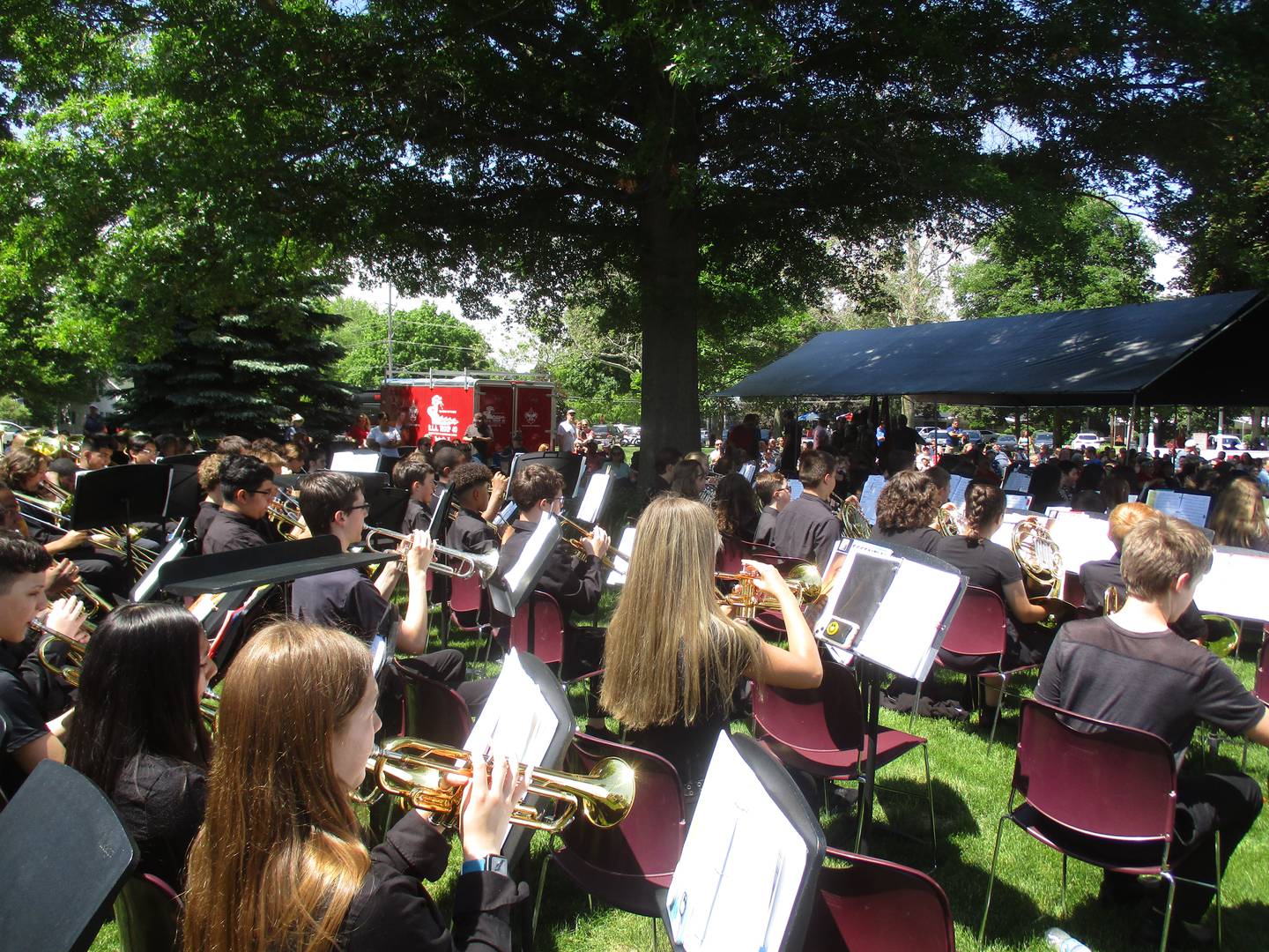 The Yorkville Middle School band plays a patriotic tune during Memorial Day ceremonies on May 29, 2023 in Town Square Park.