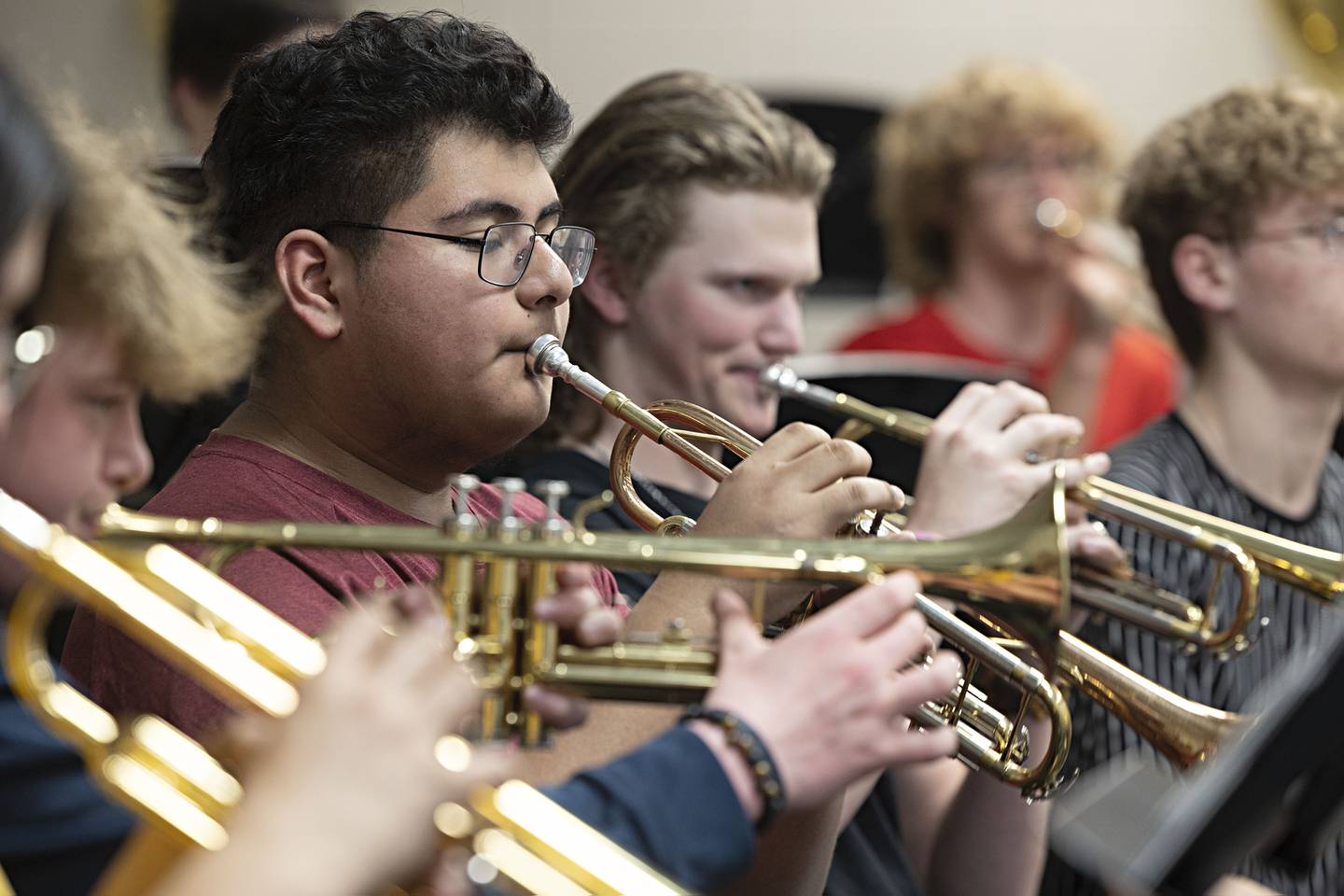 Students in Brendon O’Donnell’s Sterling High School band practice Thursday, April 13, 2023.