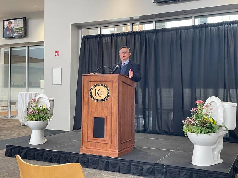 John J. Kim Director of Illinois Environmental Protection Agency speaks during sanitary extension groundbreaking ceremony Friday, April 8 at Kishwaukee college.