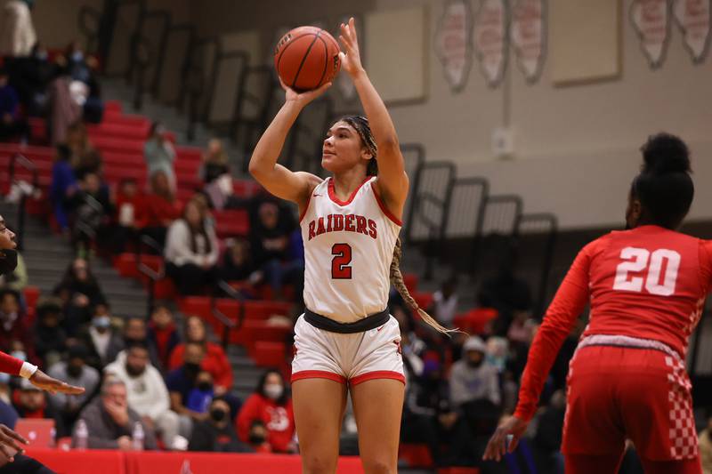 Bolingbrook’s Tatiana Thomas takes a shot against Homewood-Flossmoor in the Class 4A Bolingbrook Sectional championship. Thursday, Feb. 24, 2022, in Bolingbrook.