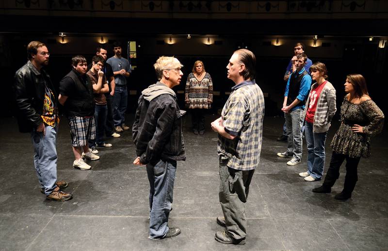 Comedian and actor Andy Dick (left) acts out an improv scene with Dave McNitt during an Improv Olympics workshop March 3, 2012 at the Dixon Historic Theatre. Dick performed later that night as a benefit for injured Dixon soldier Adam Devine.