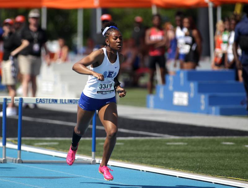 Lincoln-Way East’s Kyra Hayden competes in the 3A 300-meter hurdles during the IHSA State Track and Field Finals at Eastern Illinois University in Charleston on Saturday, May 20, 2023.