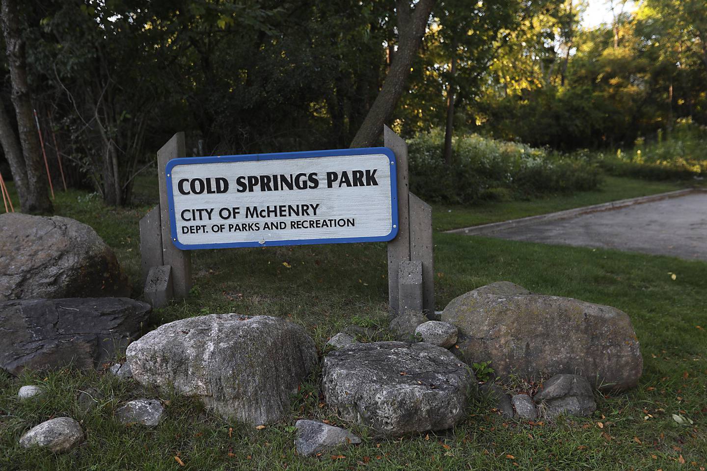 Signage at the entrance and parking lot at  McHenry's Cold Springs Park on Monday, Sept. 15, 2025. The city hopes to use state matching grant funding to upgrade the long-underused park.