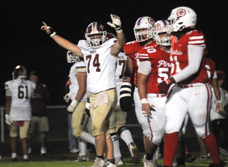 Morris' Aiden Swan (74) celebrates a play against Ottawa on on Friday, Oct. 10, 2025 at King Field in Ottawa.