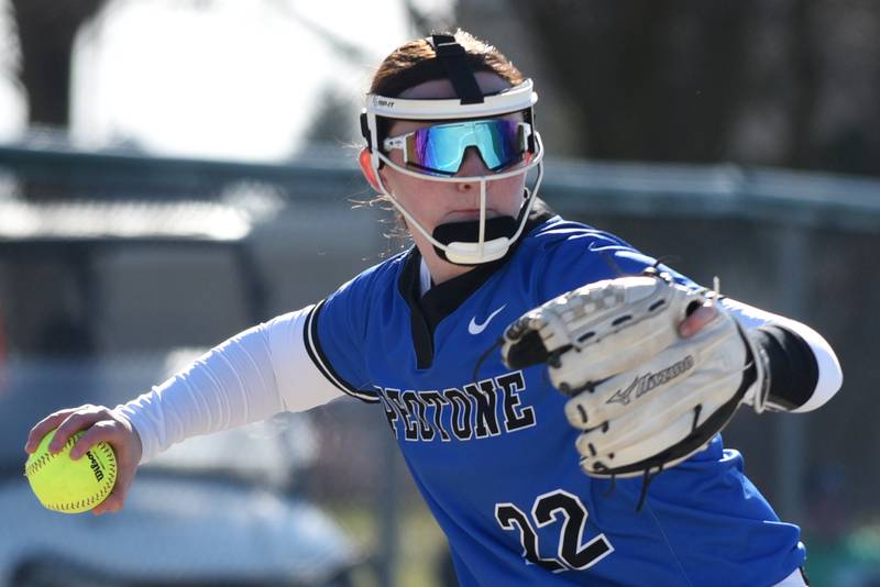 Peotone's Payton Schnelle throws to first base after fielding a bunt during a game at Bishop McNamara Monday, March 23, 2026.