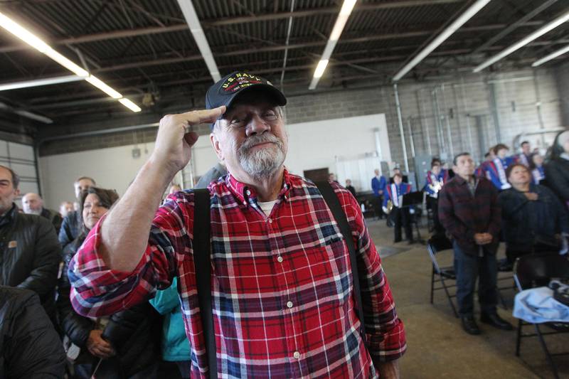 Jim Hallberg, of Volo, a U.S. Navy veteran, salutes during the Lindenhurst Veterans Day Ceremony at the Public Works garage behind the Village Hall on November 11th in Lindenhurst.
Photo by Candace H. Johnson for Shaw Local News Network