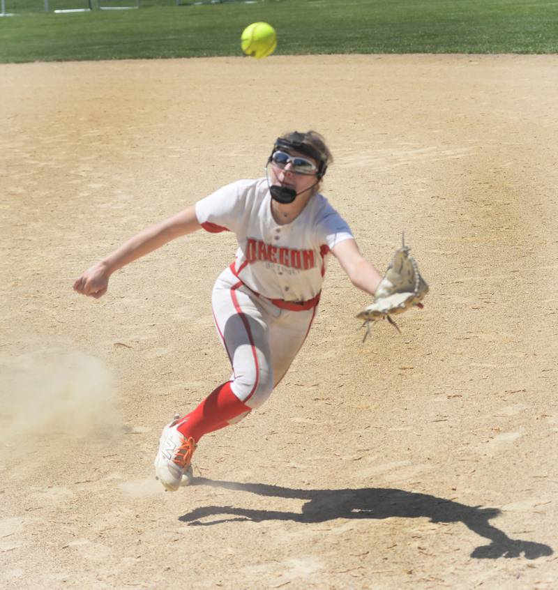 Oregon second baseman Lola Schwarz dives for a pop up against Morrison on Saturday, May 17, 2025 at Oregon Park West.
