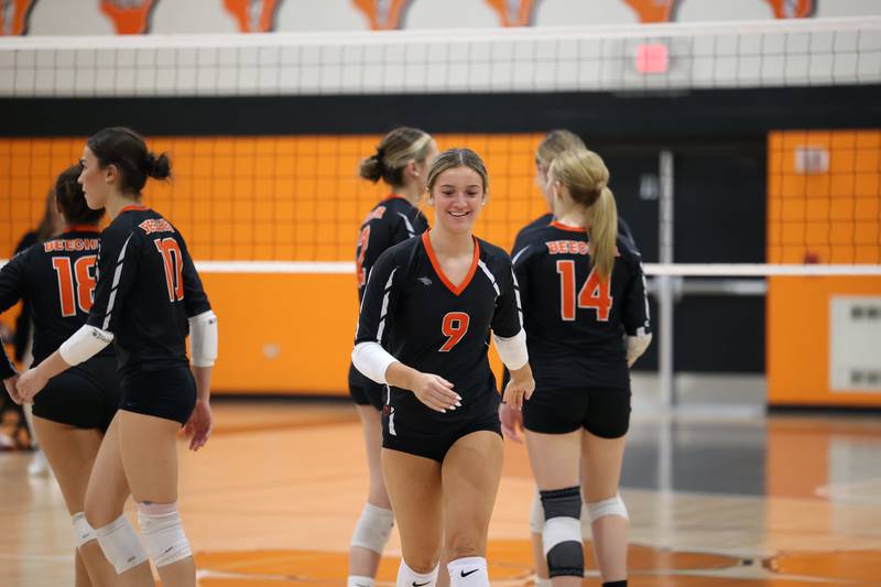 Beecher's Mallory Berry smiles after celebrating a serving point during the Bobcats' victory in two sets, 25-22, 25-23, over Grant Park in the RVC championship game on Monday, Oct. 20, 2025, at Beecher High School. Berry reached her 1,000th assist in the game's first set.