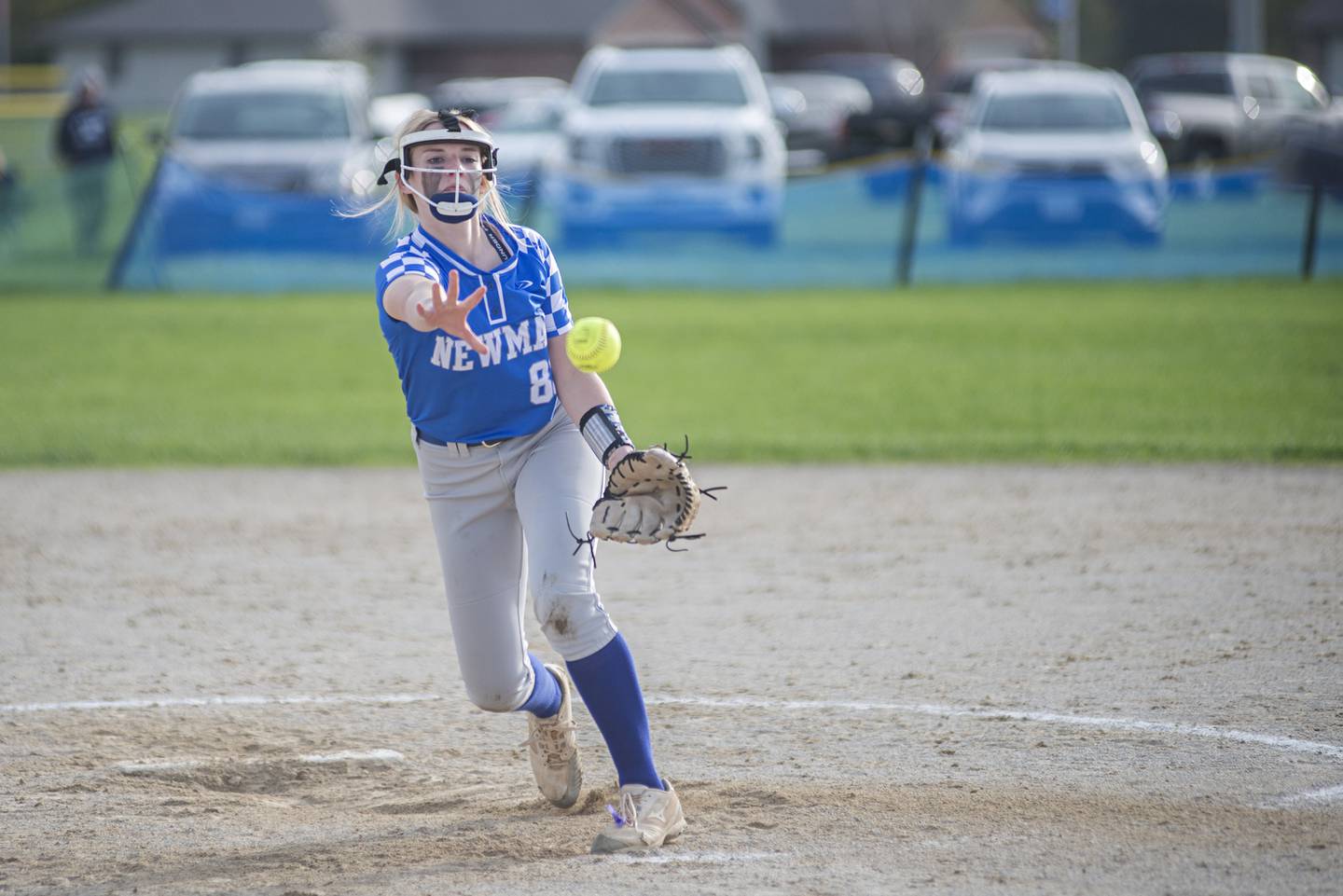 Newman’s Jess Johns fires a pitch against St. Bede Wednesday, May 4, 2022.