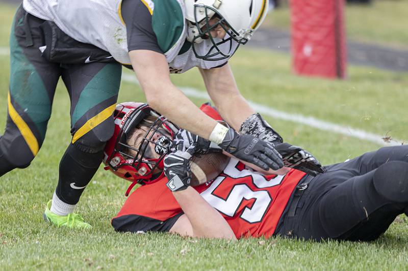 Amboy’s Vincent Zembrzuski secures a catch for a two-point conversion Saturday, Nov. 12, 2022 against St. Thomas More during the 8-man semifinals.