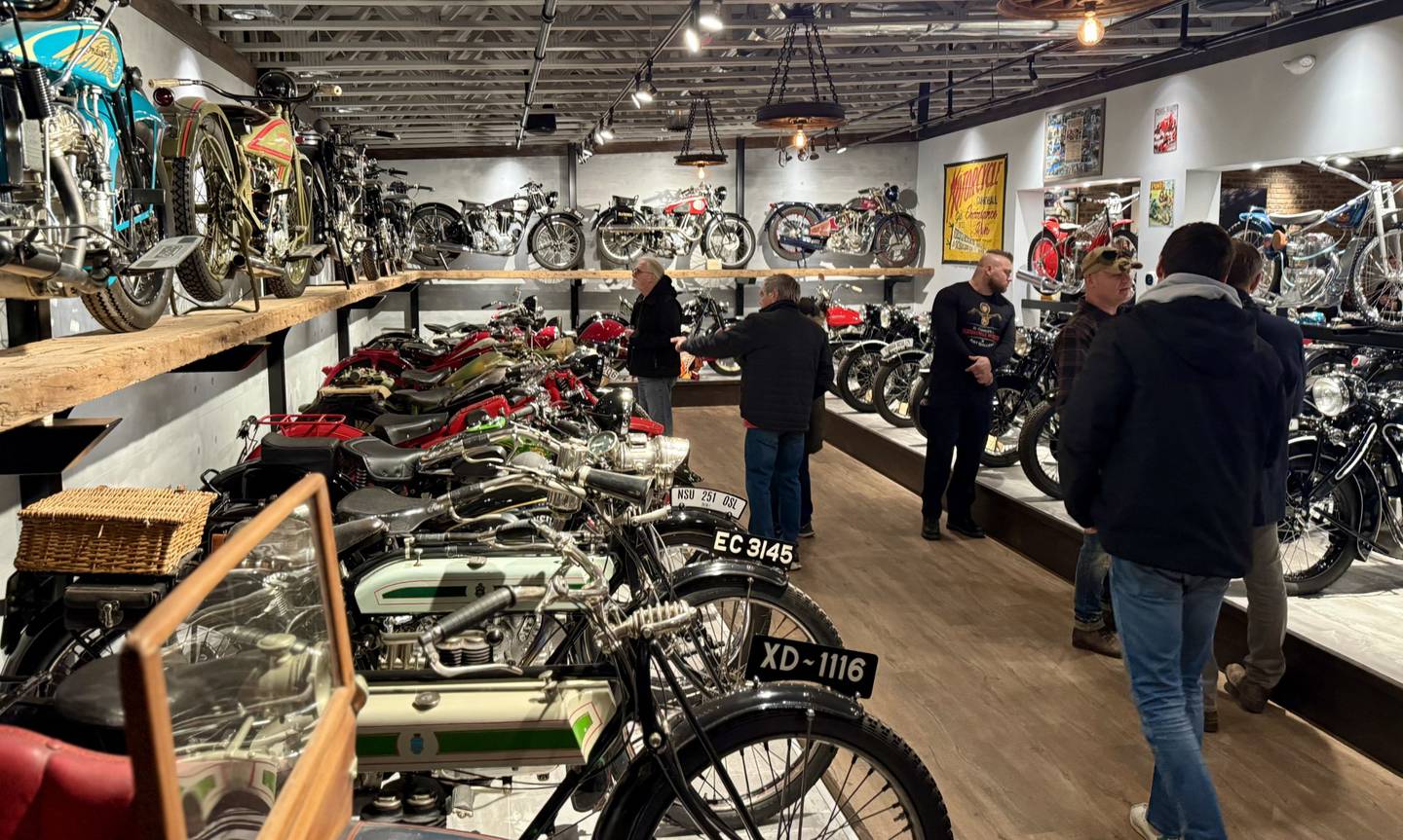 Indian brand motorcycles throughout the years are on display in the St. Charles Motorcycle Museum and Art Gallery at 1317 E Main St. (Route 64) in St. Charles.