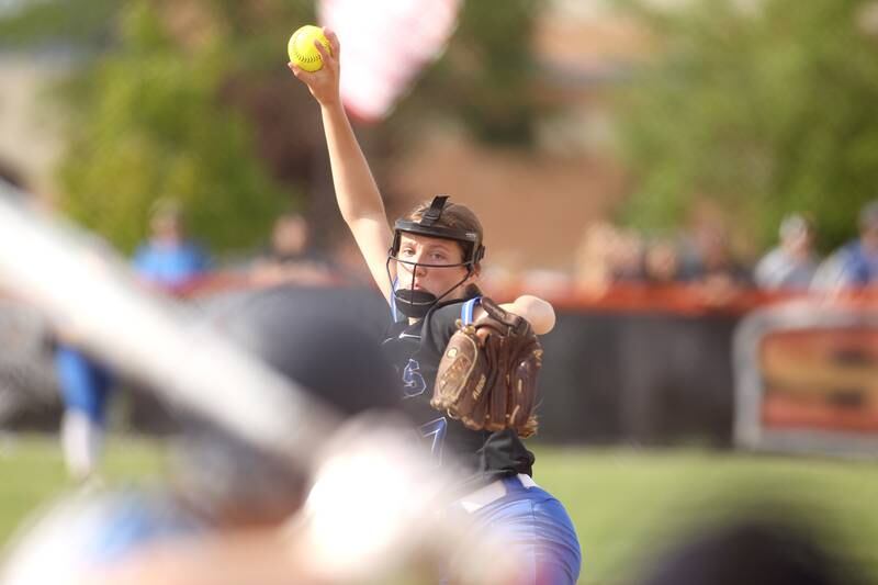 St. Charles North’s Ava Goettel pitches against Lake Park during an IHSA Class 4A St. Charles East Sectional semifinal game on Wednesday, June 1, 2022.