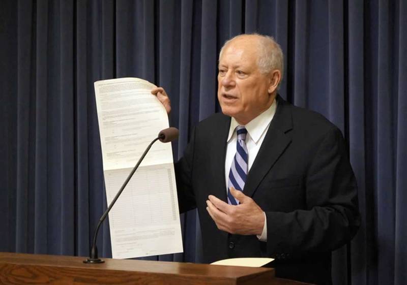 Former Gov. Pat Quinn, a Democrat from Chicago, is pictured at a state Capitol news conference Tuesday to promote ethics reforms. He and Republican Rep. Ryan Spain, of Peoria, spoke in favor of a constitutional amendment that would allow citizens to propose ethics-related constitutional amendments on the ballot through petitions.