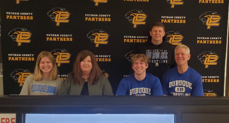 Putnam County senior Cooner Brooker has signed to wrestle for DuBuque University. He was joined at his signing by his family, Erin Brooker, Sue Brooker, Jim Brooker; and (back) coach Jerry Kriewald.