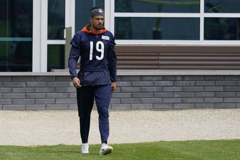 Chicago Bears wide receiver Equanimeous St. Brown walks onto the field, Tuesday, May 24, 2022, at the team's practice facility in Lake Forest.