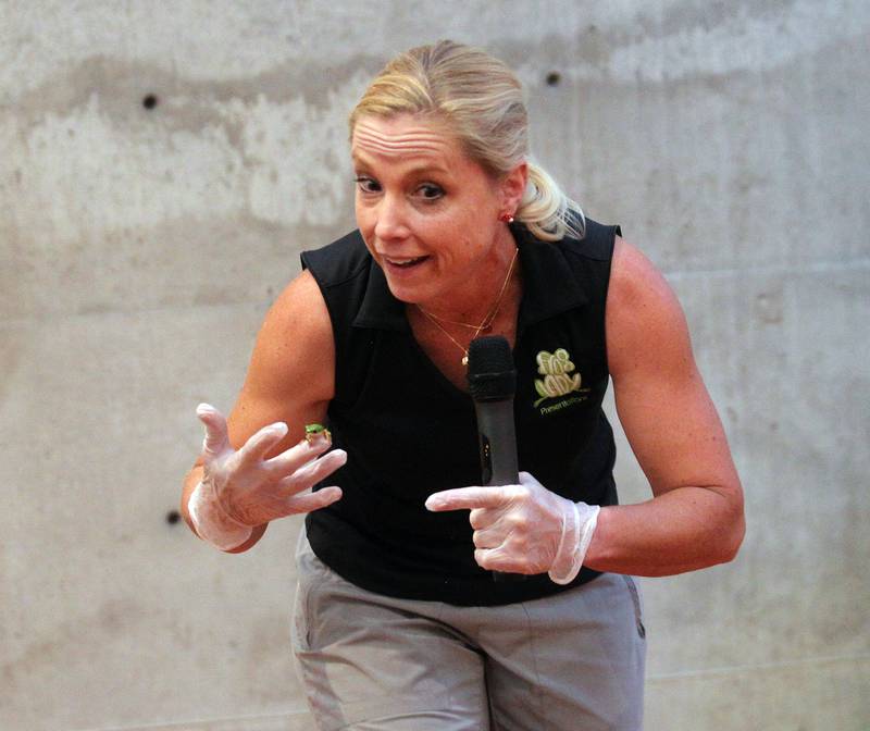 Deb Krohn, naturalist, talks about the Tiger Leg Tree frog sitting on her finger during her FrogLady Reptile & Amphibian Show at the Lake Forest Library on Friday, June 30th, 2023. Krohn gives reptile and amphibian programs thoughout the Chicago metropolitan area.
Image by Candace H. Johnson for Shaw Local News Network
