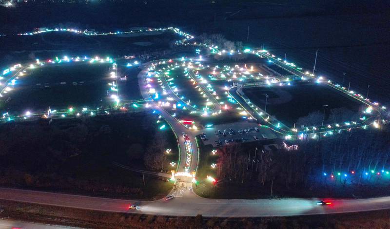 An aerial view of the second annual Run, Run Rudolph 5K on Sunday, Nov. 10, 2024 at Rotary Park in La Salle.  Around 400 light displays will be showcased this year during the event. The Festival of Lights opens to the public beginning Monday. It will continue through January 1, 2025.
