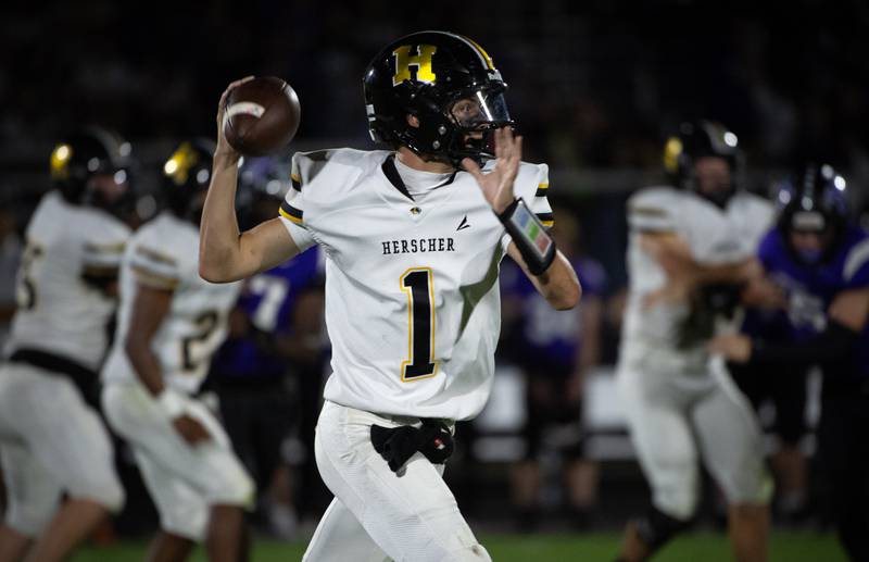 Herscher's Tanner Jones looks to pass in a game against Manteno on Friday, September 12, 2025.