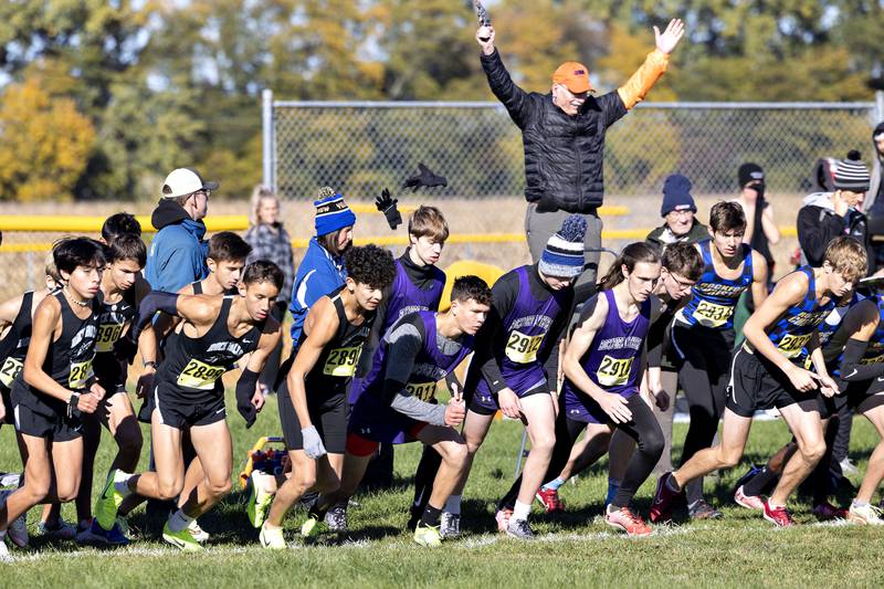 The gun goes off to start the Big Northern Conference boys cross country race at Sauk Valley College Saturday, Oct. 15, 2022.