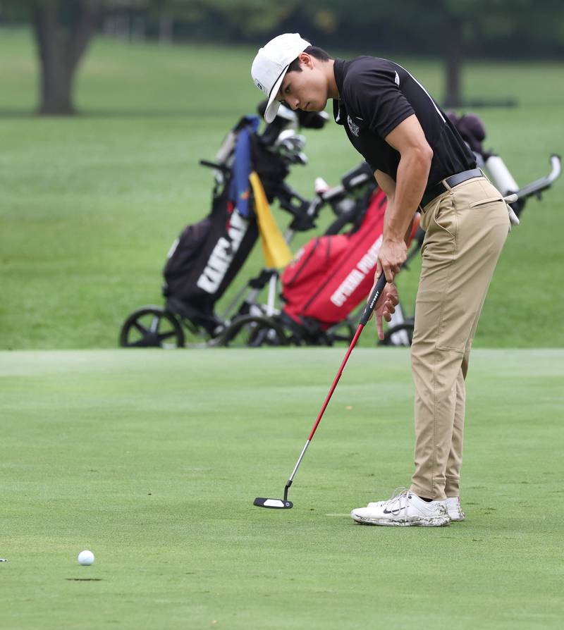 Kaneland’s Zach Ramos putts Wednesday, Sept. 27, 2023, during the Class 2A boys golf regional at Sycamore Golf Club.