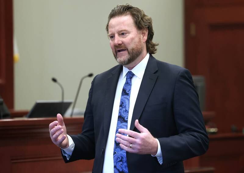 Lead prosecutor Scott Schwertley of the DeKalb County State's Attorney's Office, makes his opening statement Thursday, Jan. 23, 2025, during the trial of Jonathan Hurst at the DeKalb County Courthouse in Sycamore. Hurst is charged in the 2016 slayings of Sycamore elderly mother and son Patricia and Robert Wilson.