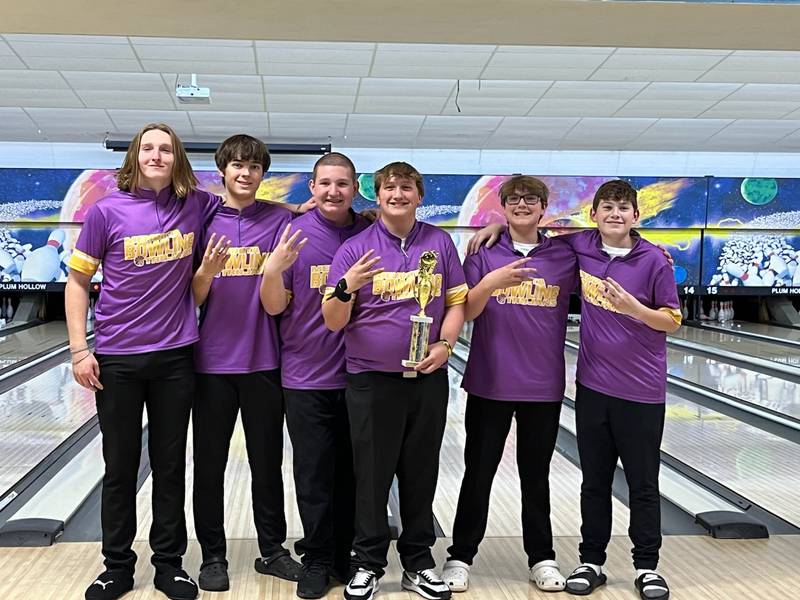 The Mendota boys bowling team poses with its trophy after placing at the Oregon tournament. Mendota's Landon Bauer, Paxton Bauer, Alex Holland and Kooper Novak are 2023-24 NewsTribune boys bowling all-area selections.