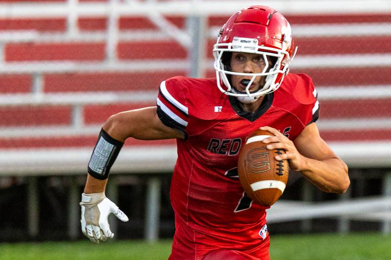 Dylan Glynn (7) of Hall runs ball on Friday, Sept 5, 2025 at Richard Nesti Stadium in Spring Valley.