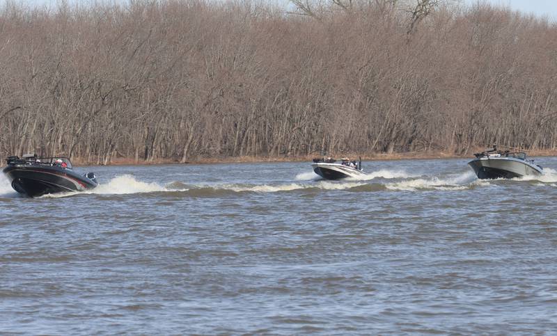 Anglers navagate the Illinois River during the annual Masters Walleye Circuit tournament on Friday, March 20, 2026 at the Spring Valley Boat Club.