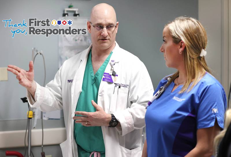 Dr. Gregory Conrad talks with nurse Randa Melms emergency room Thursday, April, 18, 2024, at Northwestern Medicine Kishwaukee Hospital in DeKalb.