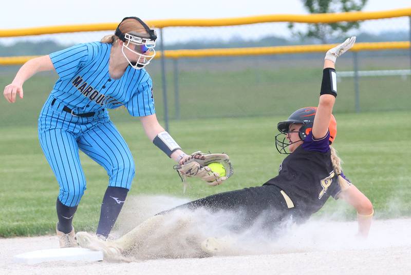 Serena's Emily Hoffman is forced out at second base by Marquette's Savannah Erickson during the Class 1A Regional title game on Friday, May 22, 2026 at Serena High School.