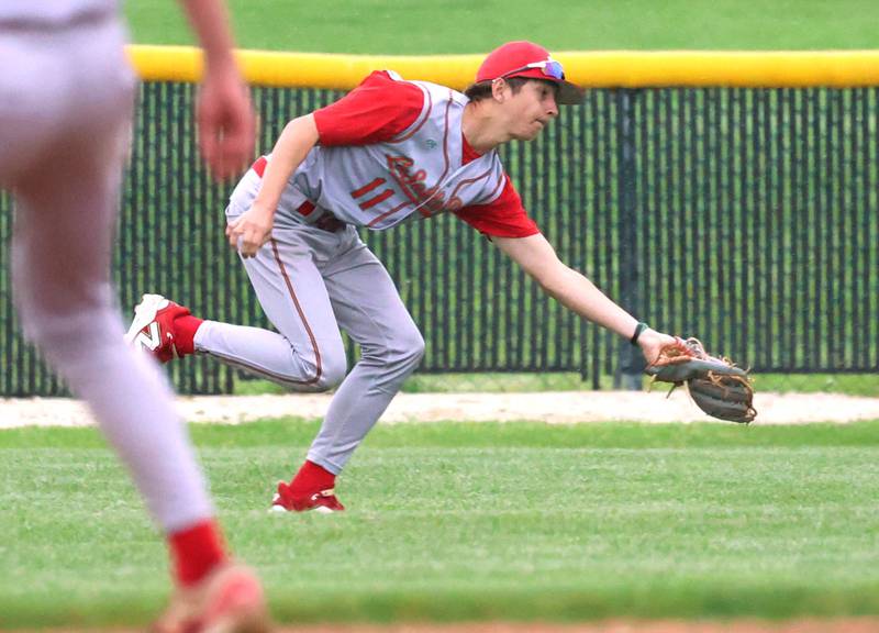 LaSalle-Peru's Nick Salazar makes arunning catch Tuesday, May 12, 2026, during their game at Kaneland High School in Maple Park.