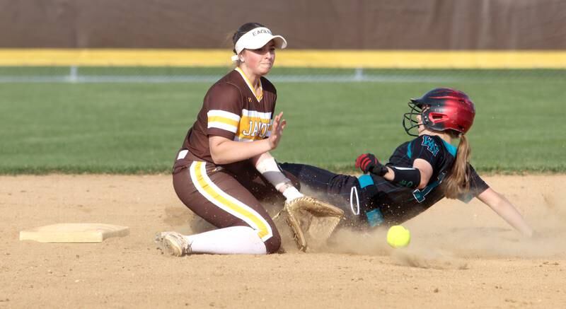 Jacobs’ Cici DiSilvio, front, fields the toss as Woodstock North’s Alyson Schaid slides safely with a steal of second base in varsity softball at Algonquin Friday night.