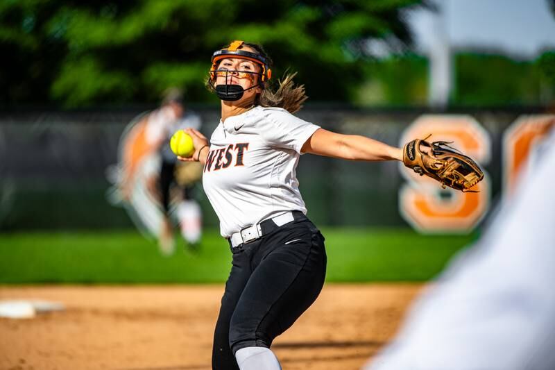 Lincoln-Way West's Reese Rourke fires a pitch during a game against Plainfield Central on Friday May 3, 2024 at Lincoln-Way West in New Lenox