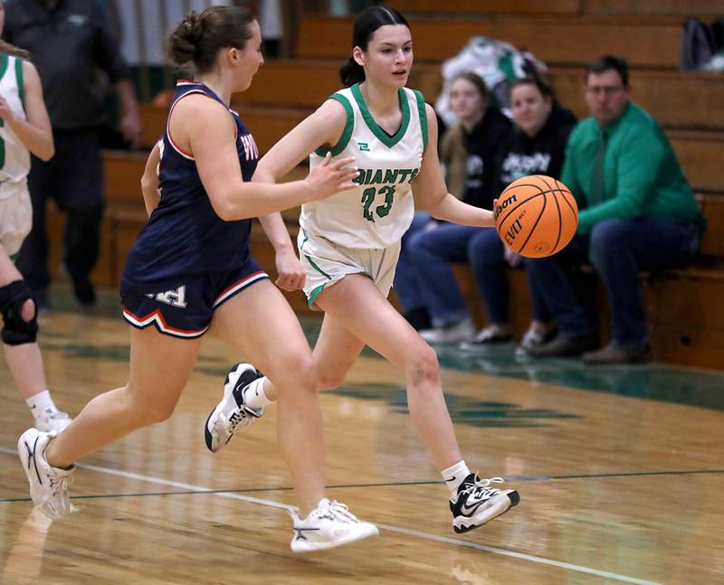 Alden-Hebron's Nathalia Mendoza brings th ball up the court against Woodlands Academy's Morgan Mathy during a nononference girls basketball game on Thursday, Jan. 29, 2026, at Alden-Hebron High School in Hebron.