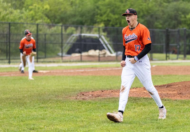 St. Charles East pitcher Matthew Steinberg celebrates after St. Charles East won 6-5 against  Wheaton Warrenville South in Wheaton on Wednesday, May 21, 2025.