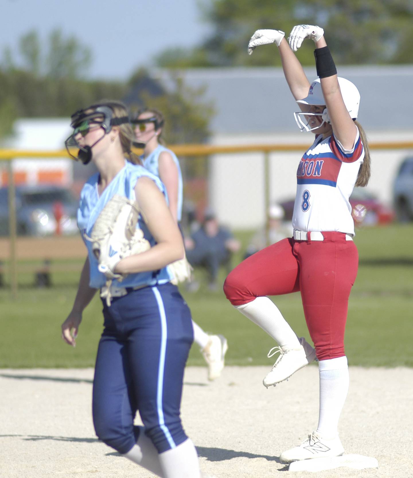 Morrison's Ava Duncan has some fun with her dugout after a double.Bureau Vally traveled to Morrison for a softball game on May 9, 2025.