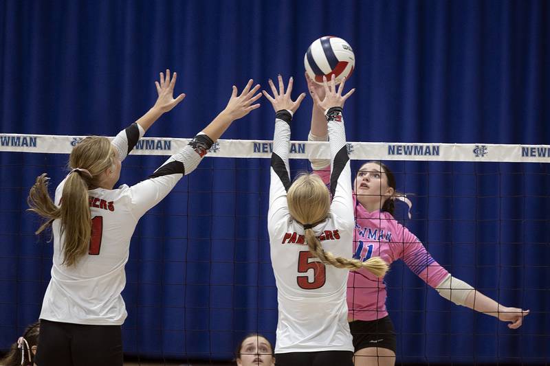 Newman’s Isabelle Lanning plays the ball against Erie-Prophetstown’s Aubrey Misfeldt Tuesday, Oct. 14, 2025.