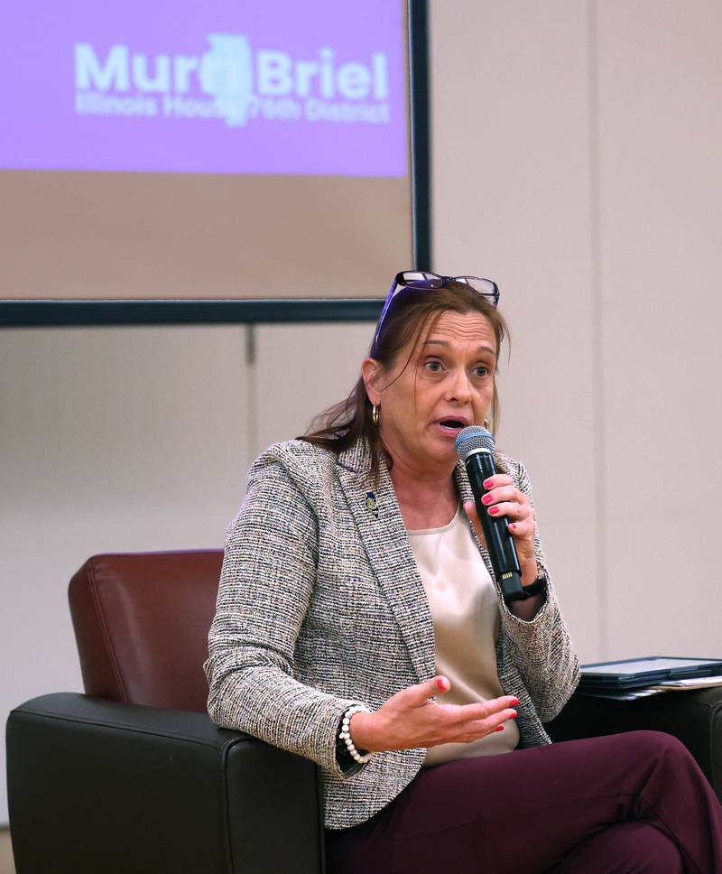State Rep. Amy “Murri” Briel, D-Ottawa, speaks Friday, July 11, 2025, during her town hall at at Northern Illinois University’s Holmes Student Center in DeKalb. Briel will be hosting town halls later this year in Oglesby and Utica.