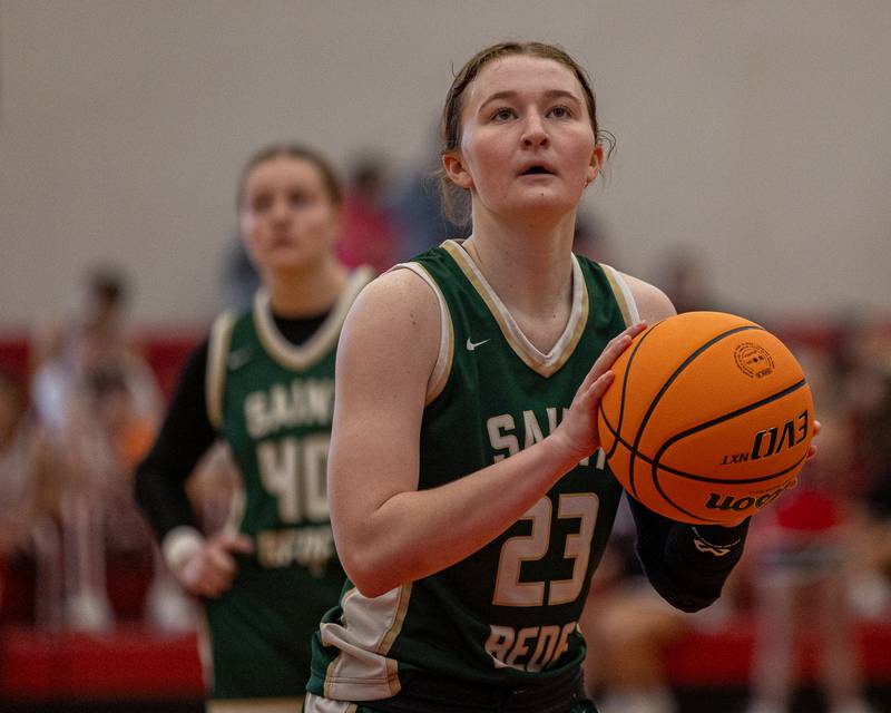 Lili McClain (23) of St. Bede shoots free-throw during game against Hall on Saturday, January 31, 2026 at Hall High School in Spring Valley.