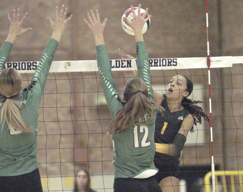 Sterling's   Nia  Harris hits a ball through the Geneseo defense.  The action took place at the Sterling vs. Geneseo Volleyball match at Homer Musgrove fieldhouse, on Thursday, Sept. 5, 2024