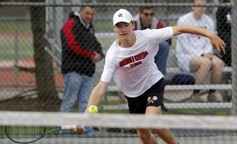 Hinsdale Central’s Kyle McClain returns the ball as he and his doubles partner, Nicholas Marringa, compete in the Class 2A Boys State Tennis Tournament on Thursday, May 29, 2025, at Palatine High School.