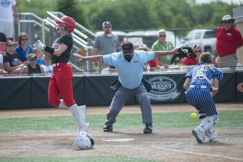 Forreston’s Rylee Broshous comes in to score the Cardinal’s first run against Newark Saturday, June 4, 2022 during the IHSA Class 1A softball state third place game.