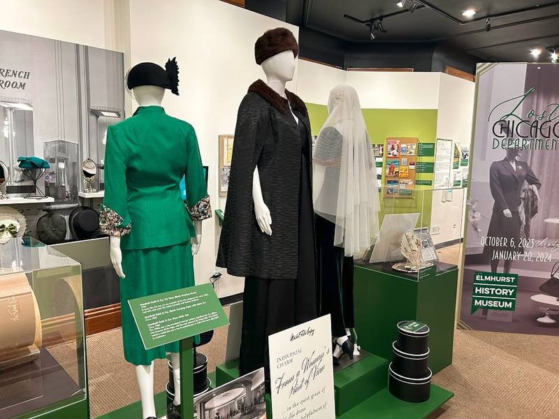 The ‘Lost Chicagoland Department Stores’  exhibit at the Elmhurst History Museum includes examples of women's attire for a trip the stores' downtown location for shopping and lunch.