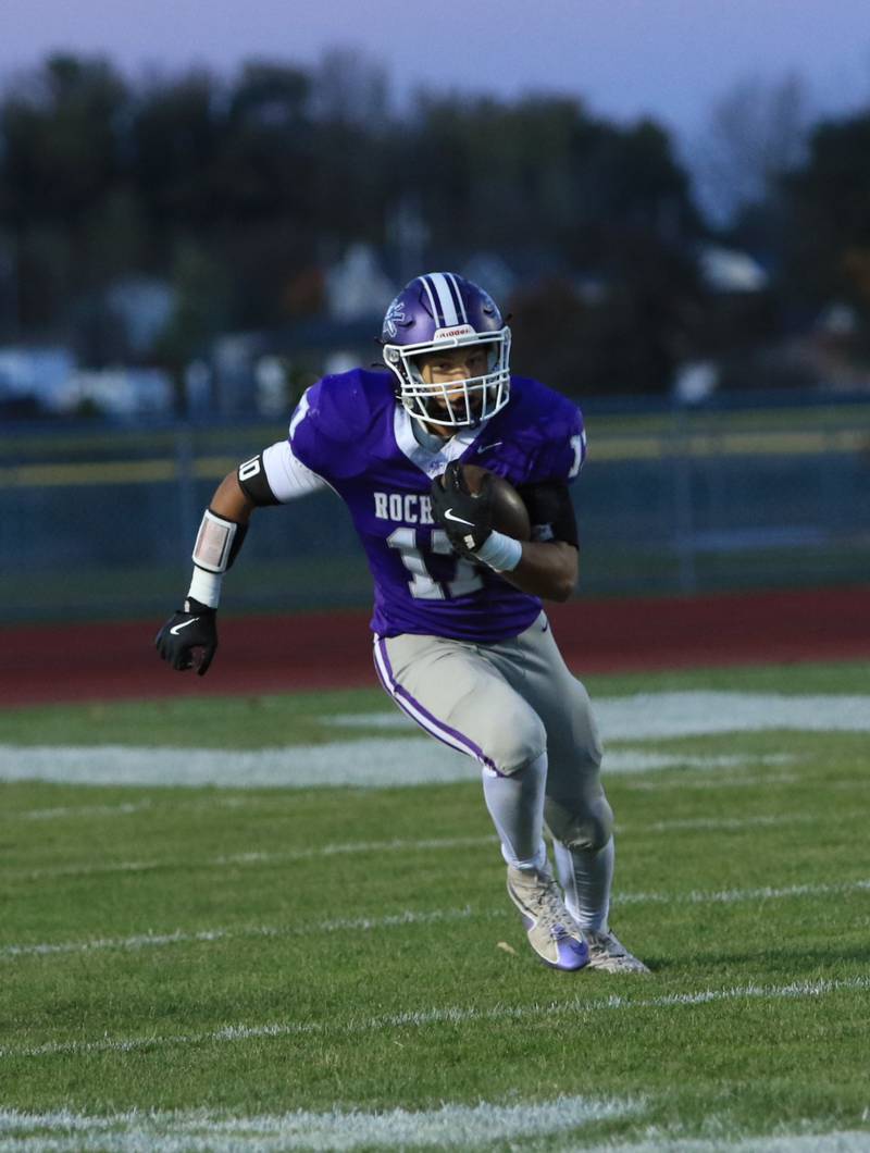Rochelle's Reece Harris runs with the ball during a game with Waterloo on Friday, Oct. 24, 2025.